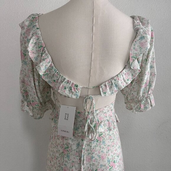 Sophie Rue by Anthropologie Puff Sleeves Back Cut Out Linen Dress S Cottagecore - Picture 5 of 11